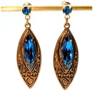VTG Signed SADIE GREEN Bronze Marquis Blue Renaissance Revival Dangle Earrings